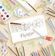 flat art painter workshop with paint supplies equipment tools background N3