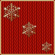 Vector abstract knitted red background with yellow snowflake embroidery