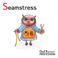 Alphabet professions Owl Letter S - Seamstress character Vector Watercolor