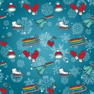 Winter seamless texture with skates sleds mittens winter sports items