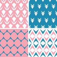 Four abstract pink blue arrows geometric seamless patterns set