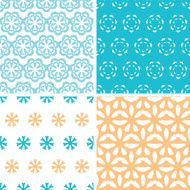 Four abstract blue yellow floral shapes seamless patterns set