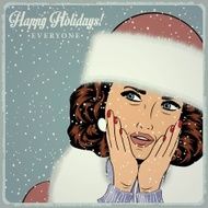 elegant young and happy woman in winter retro Christmas card
