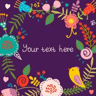 Floral frame with bird on violet background N2
