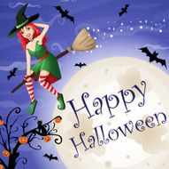 halloween card with sexy red-haired witch flying over moon N2