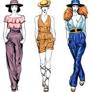 Vector set fashion top models in trouser suits and hats N2