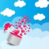 Valentines Day Card with Gift Box and Heart Shaped Balloons