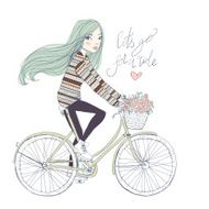 Girl on a bicycle with basket of flowers