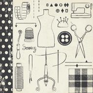 Vintage hand drawn sewing related symbols on paper background 1