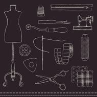 Hand drawn chalk stroked sewing accessories on blackboard