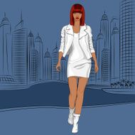 Vector beautiful black girl walks along the waterfront