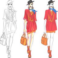 Vector beautiful fashion girl in hat and with bag