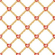 Seamless pattern with crossed golden chains and red heart gemstones