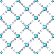 Seamless pattern with crossed silver chains and green gemstones