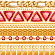 Assorted golden chains with red gemstones on white seamless background