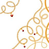Different golden chains and heart gemstone pendant background