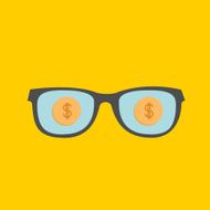 Glasses and gold dollar coin inside Flat design style