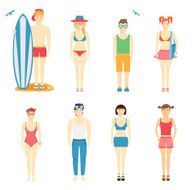 Icons of kids in summer clothing and swimsuits
