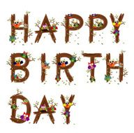 Wood Letter Happy Birthday Text Owl Vector