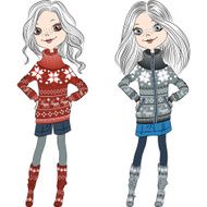 vector fashion hipster girls in knitted sweaters