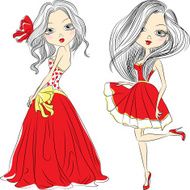 Vector set beautiful fashion girls in red dresses N2