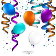 Vector birthday card with curling stream confetti balloons and text N3