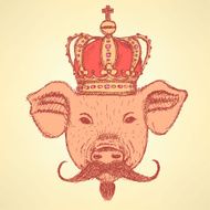 Sketch pig in crown with mustache vector background