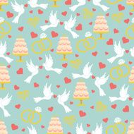 Vintage wedding seamless pattern set Hearts pigeons cake rings