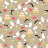 Vintage wedding seamless pattern set Lips mustache pigeons cake