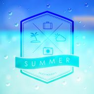 summer label and travel icon on beach background
