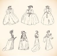 Set with sketches of women in retro clothes