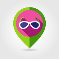 Sunglasses flat mapping pin icon with long shadow