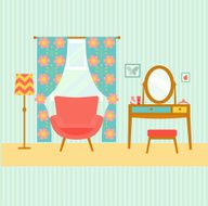 flat retro bedroom with dressing table vector illustration