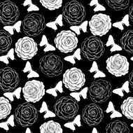 Beautiful seamless background with monochrome black and white butterflies roses