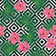 Seamless tropical pattern with palm leaves and flowers