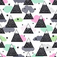 Seamless pattern with geometric snowy mountains clouds and stars