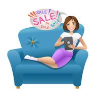 Woman sitting with tablet on the sofa Vector illustration