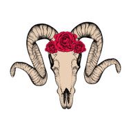 Hand Drawn goat skull with red roses doodle vector illustration
