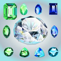 Diamonds and emeralds of different shapes cut