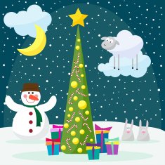 Winter card with funny snowman rabbits fir and sheep