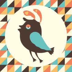 Intrigued bird with colored retro background