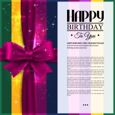 Birthday card with pink ribbon on stripes background and wishes
