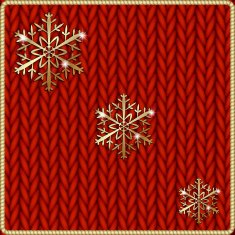 Vector abstract knitted red background with yellow snowflake embroidery