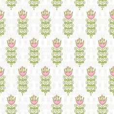 Seamless pattern of abstract flowers on pale scrolls
