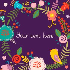 Floral frame with bird on violet background N2