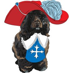 vector funny cartoon Portuguese Water Dog musketeer