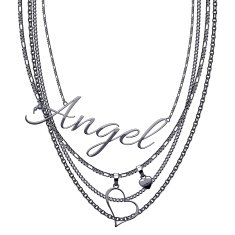 Black metallic tromp e-l' necklace with word Angel and hearts
