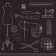 Hand drawn chalk stroked sewing accessories on blackboard