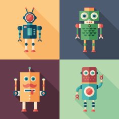 Set of intelligent robots flat square icons with long shadows