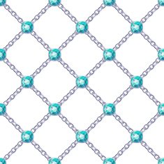 Seamless pattern with crossed silver chains and green gemstones